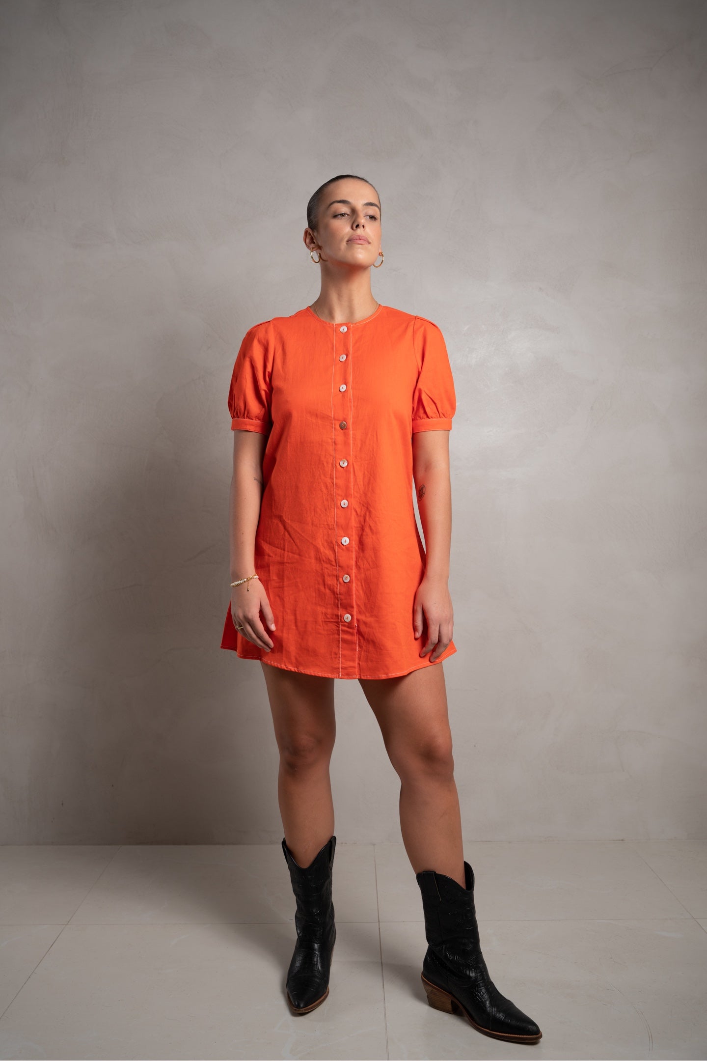 SKIN Frances Puff Sleeve Linen Dress Orange