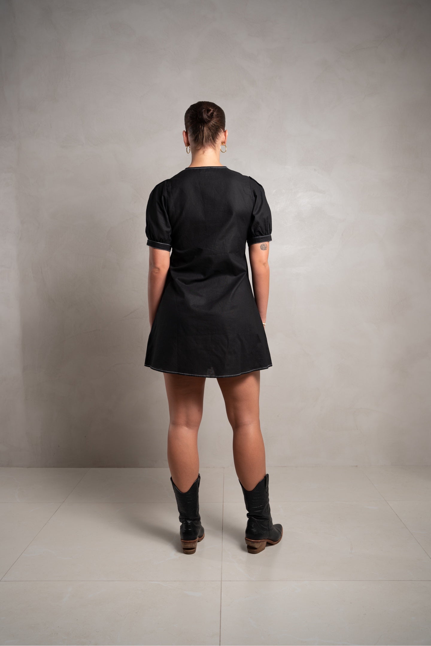 SKIN Frances Puff Sleeve Linen Dress Black