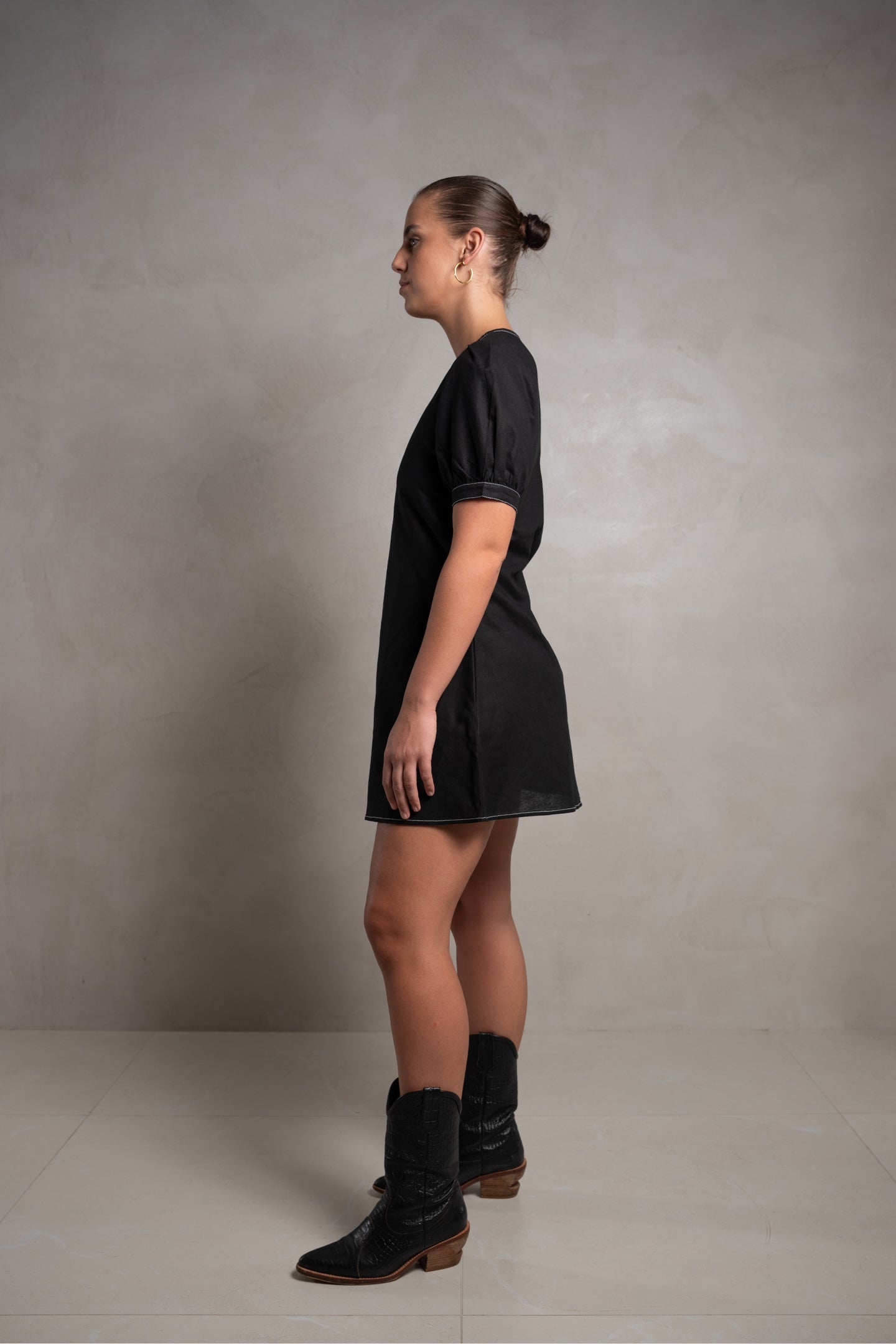 SKIN Frances Puff Sleeve Linen Dress Black