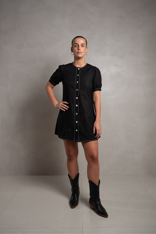 SKIN Frances Puff Sleeve Linen Dress Black